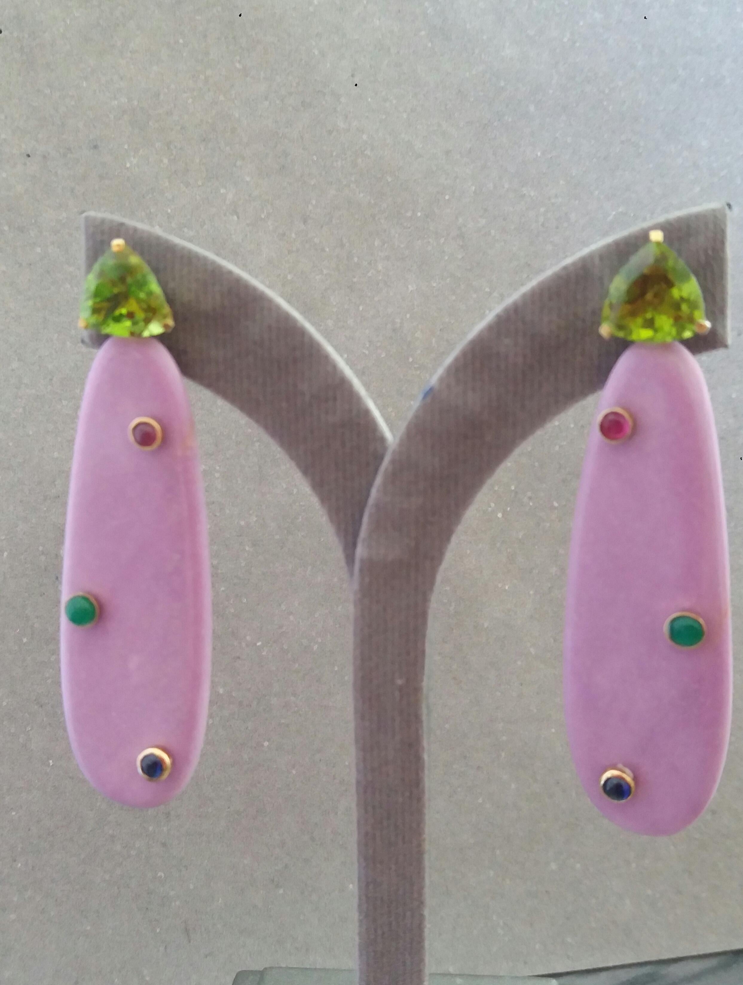 Trillion Peridot Ruby Emerald Blue Sapphire Gold Phosphosiderite Drop Earrings For Sale 2