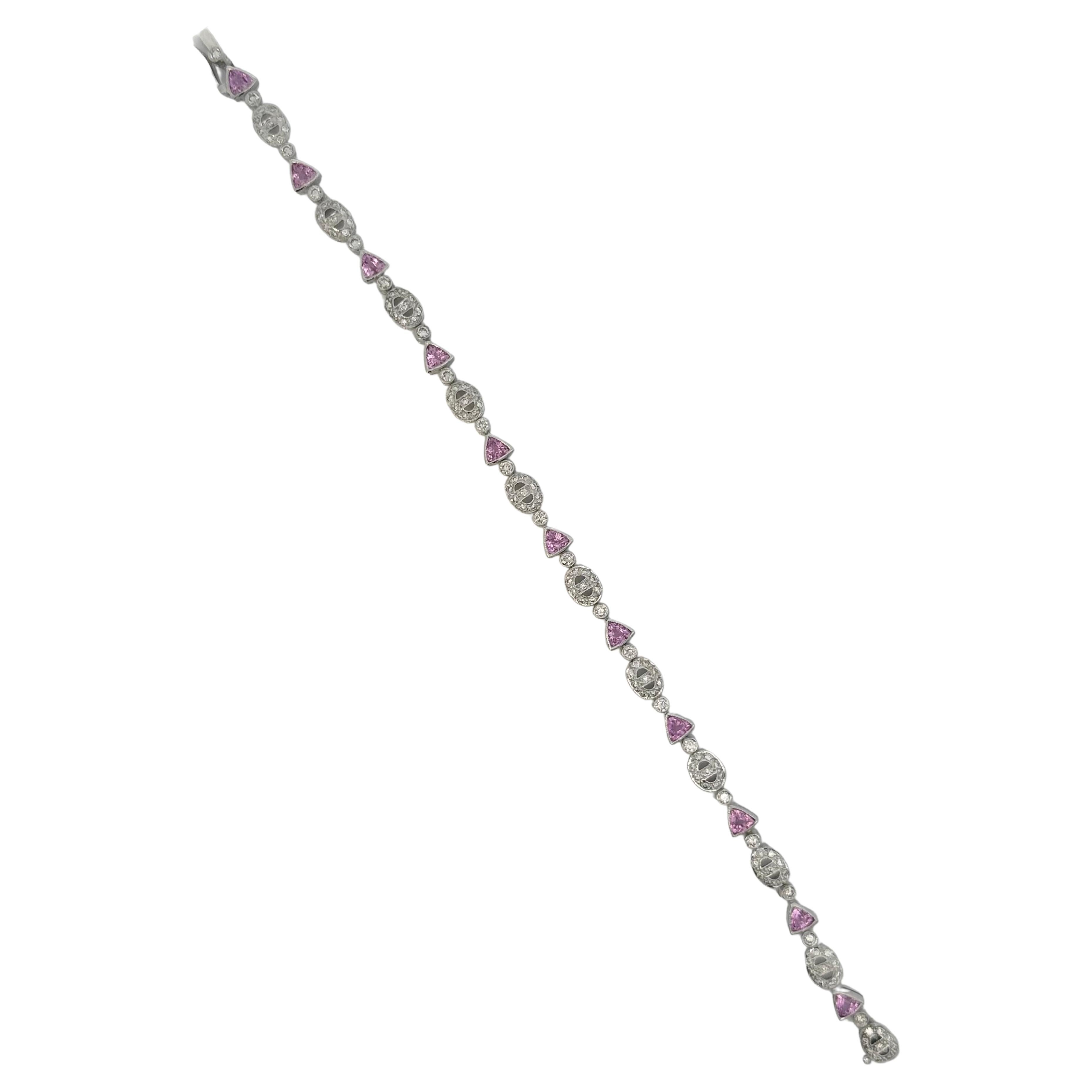 Trillion Pink Sapphire and Oval Motif Diamond Bracelet on 18 Karat White Gold For Sale