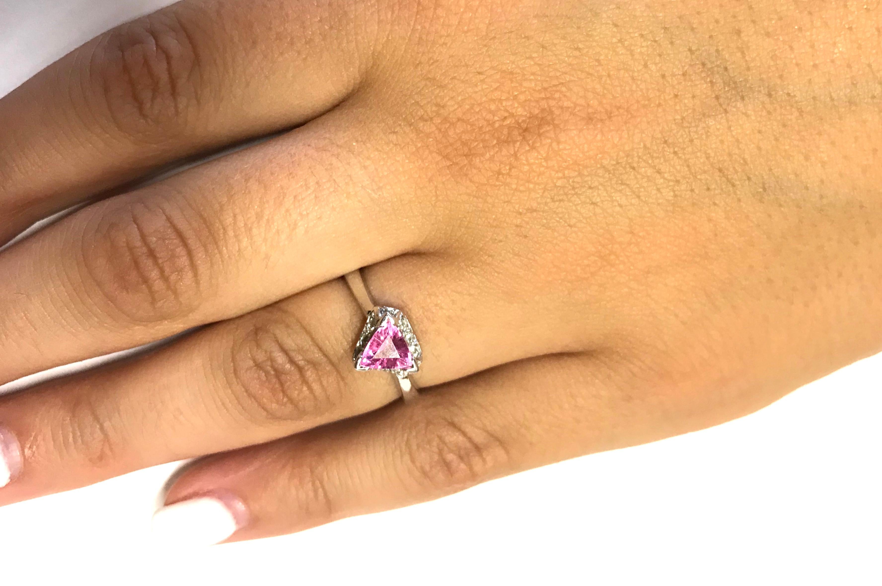 Contemporary Trillion Pink Sapphire White Diamond Halo Engagement Ring 14K White Gold