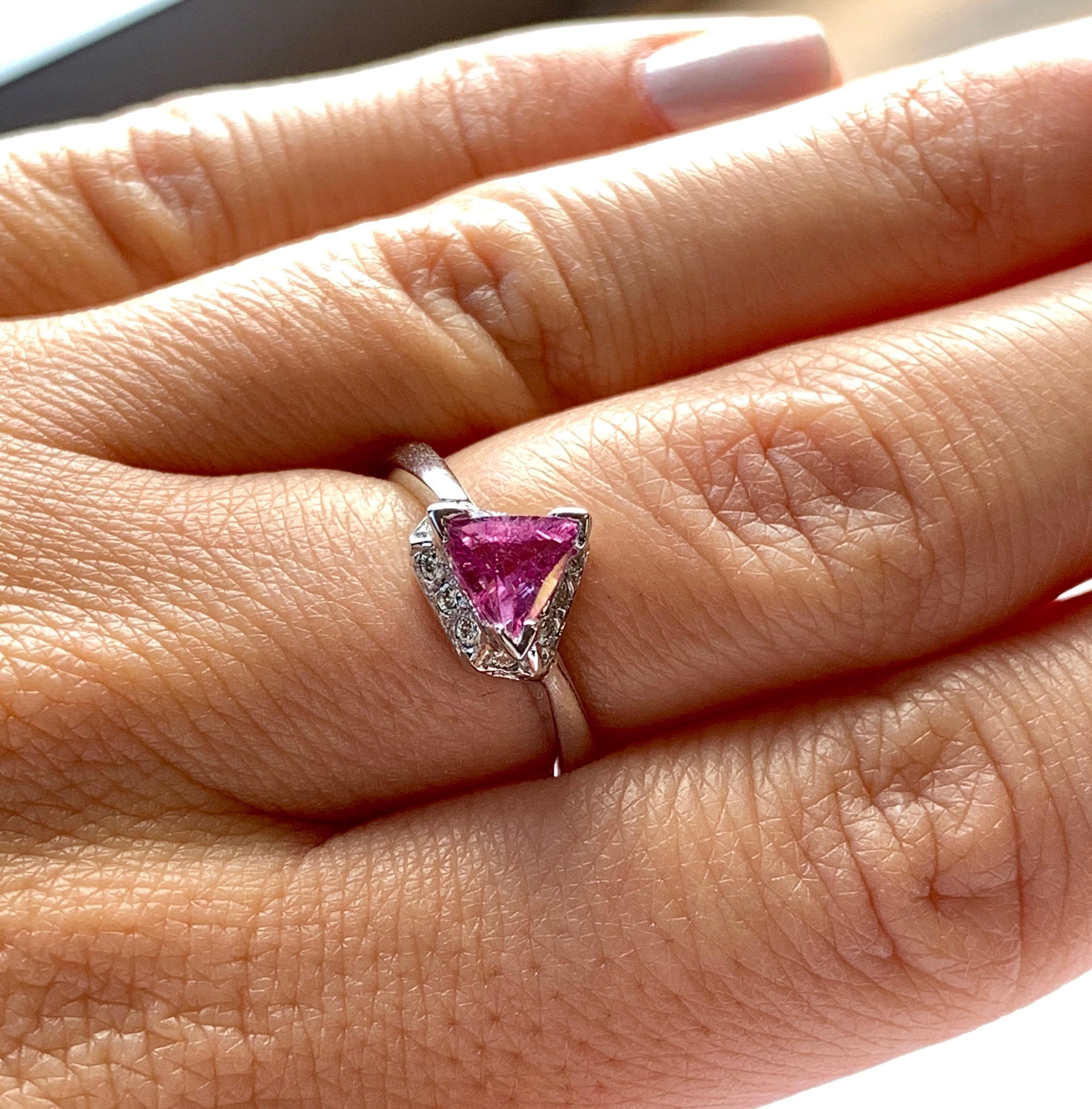 Trillion Pink Sapphire White Diamond Halo Engagement Ring 14K White Gold In New Condition In GREAT NECK, NY