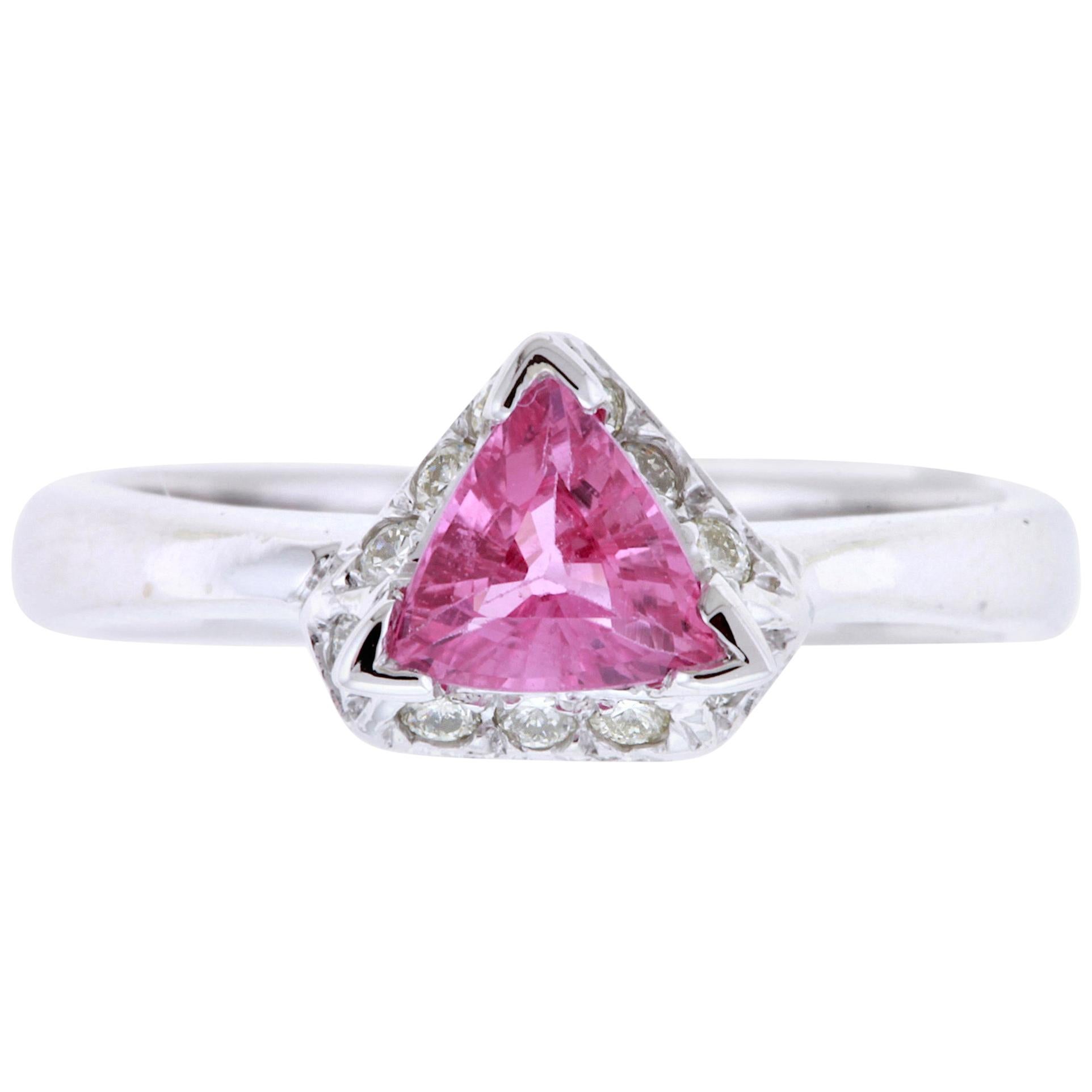 Trillion Pink Sapphire White Diamond Halo Engagement Ring 14K White Gold