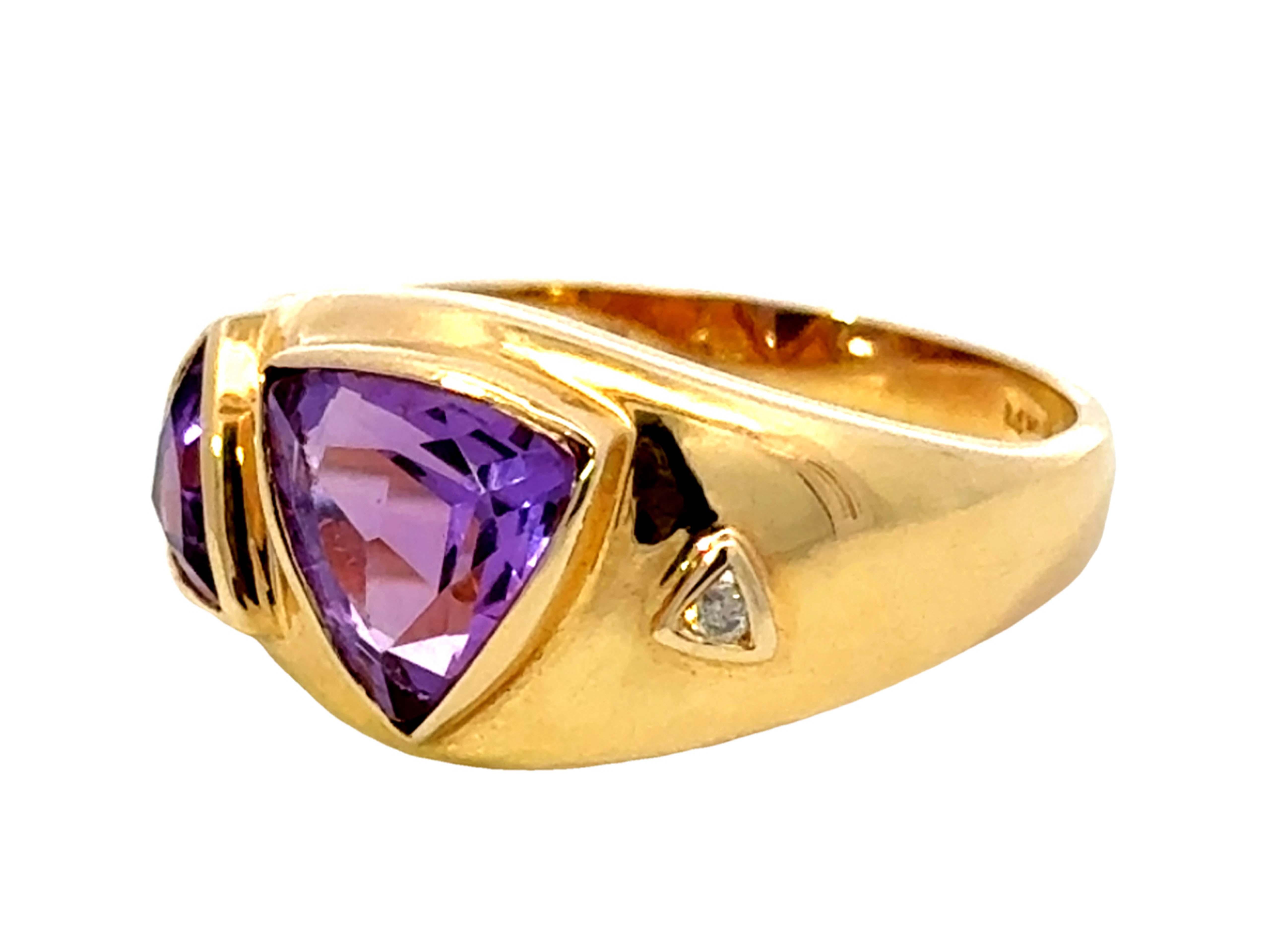 Trillion Cut Trillion Purple Amethyst Diamond Band Ring 14k Yellow Gold For Sale