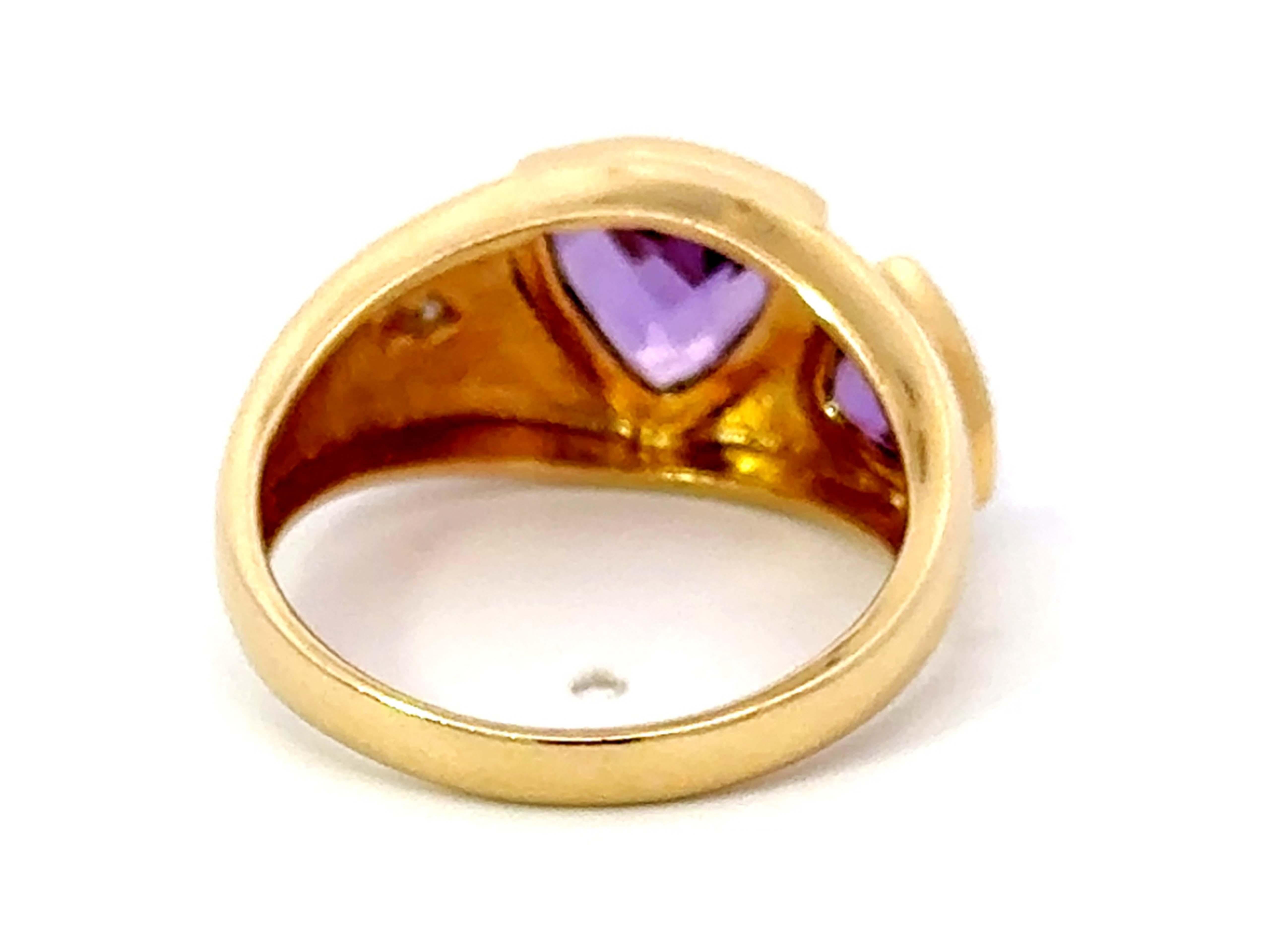 Trillion Purple Amethyst Diamond Band Ring 14k Yellow Gold For Sale 1