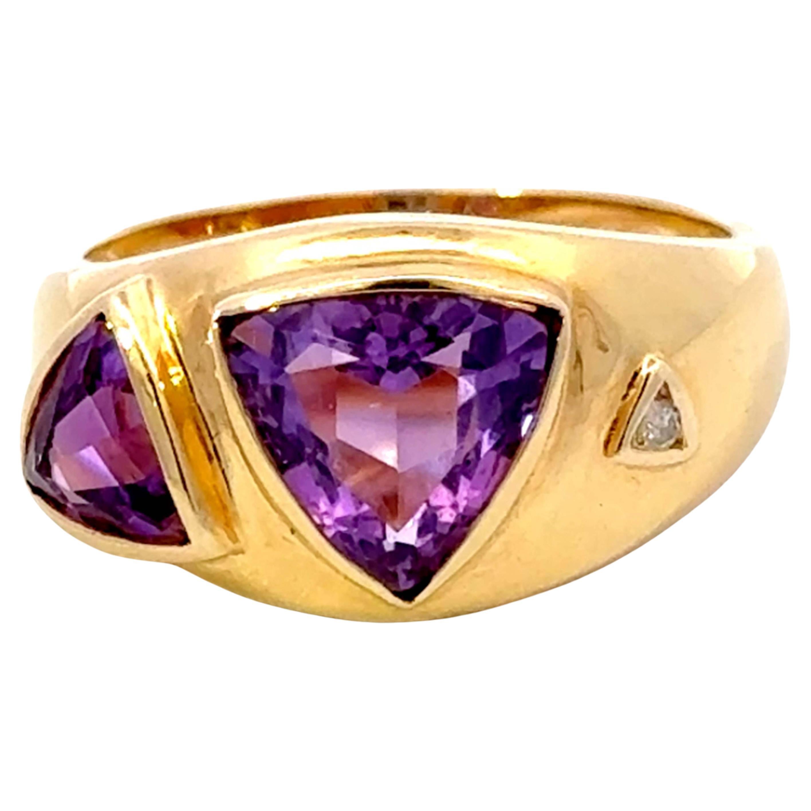 Trillion lila Amethyst-Diamant-Ring 14k Gelbgold im Angebot