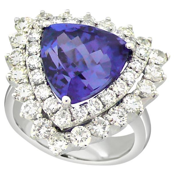 Trillion Shape Blue Tanzanite & White Diamond Halo 18K White Gold Trillion Ring