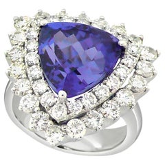 Trillion Shape Blue Tanzanite & White Diamond Halo 18K White Gold Trillion Ring