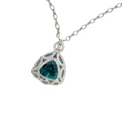 Trillion Shape Bluish Green Tourmaline & Diamond Pendant in 18K White Gold