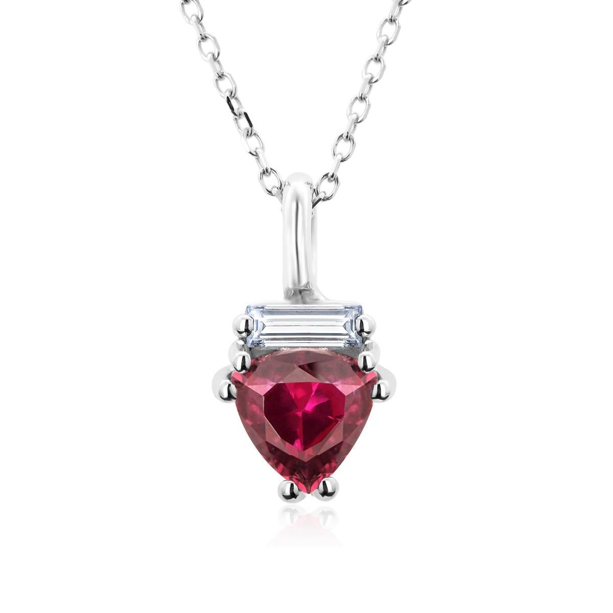 Women's or Men's Trillion Shape Red Burma Ruby and Baguette Diamond Gold Drop Necklace Pendant