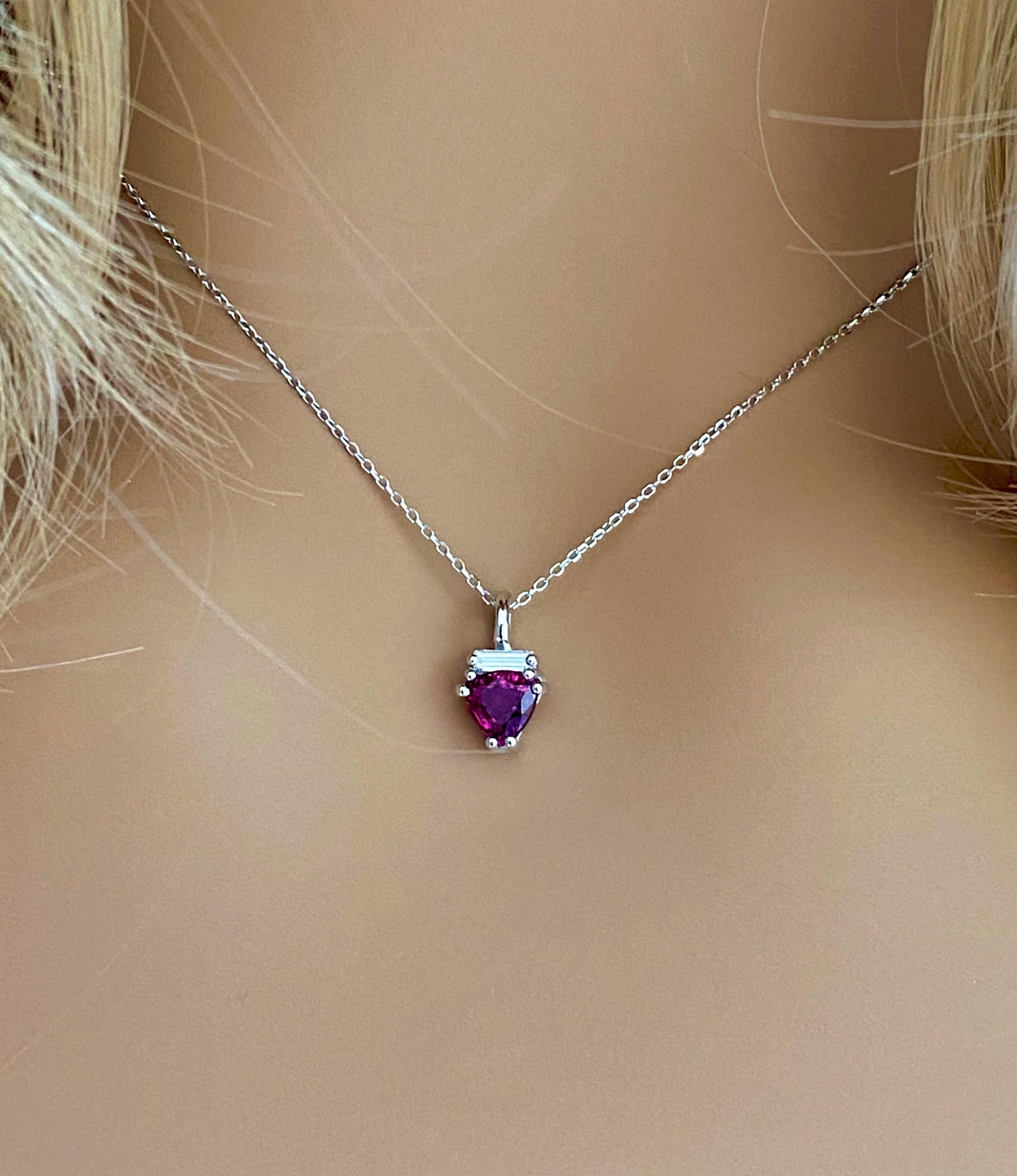 Baguette Cut Trillion Shape Red Burma Ruby and Baguette Diamond Gold Drop Necklace Pendant