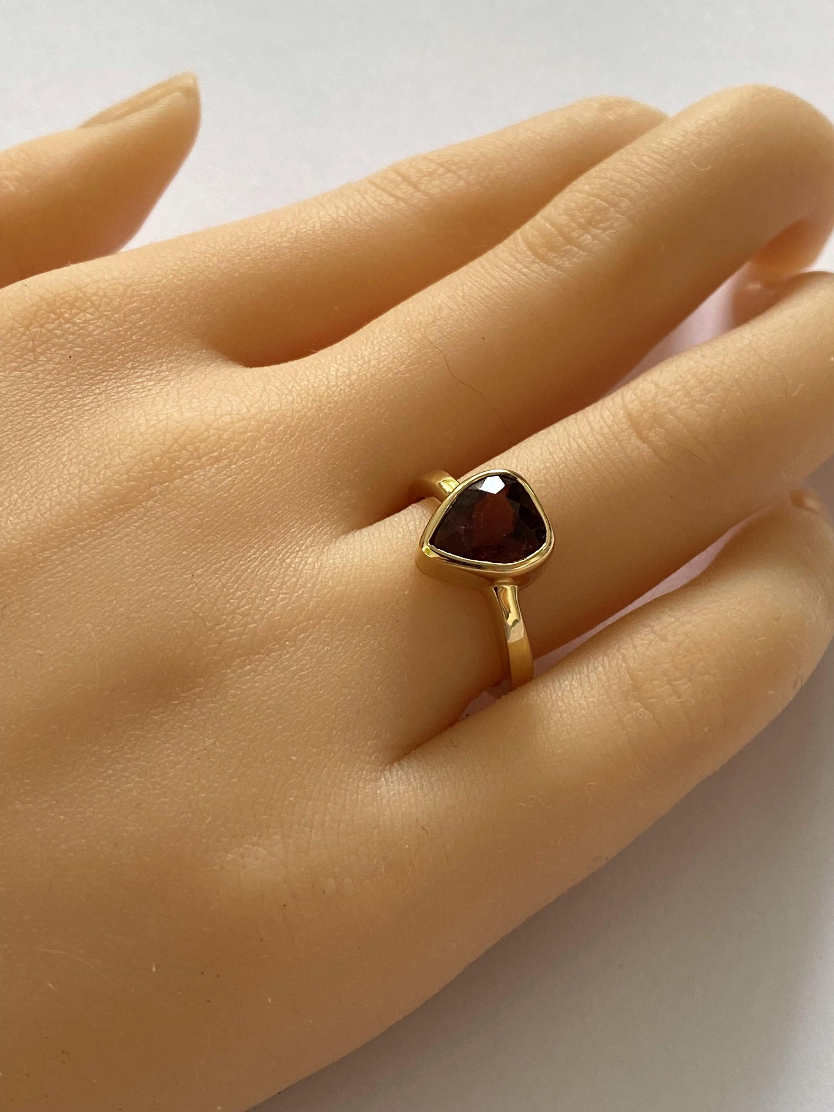 Modern Trillion Shape Rubellite Bezel Raised Dome Yellow Gold Cocktail Ring