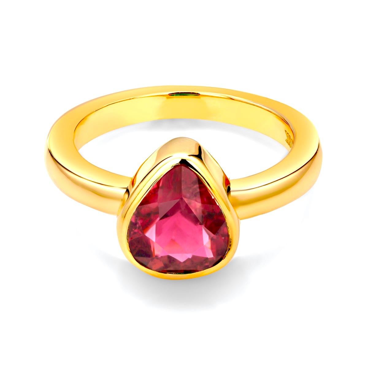 Women's Trillion Shape Rubellite Bezel Raised Dome Yellow Gold Cocktail Ring