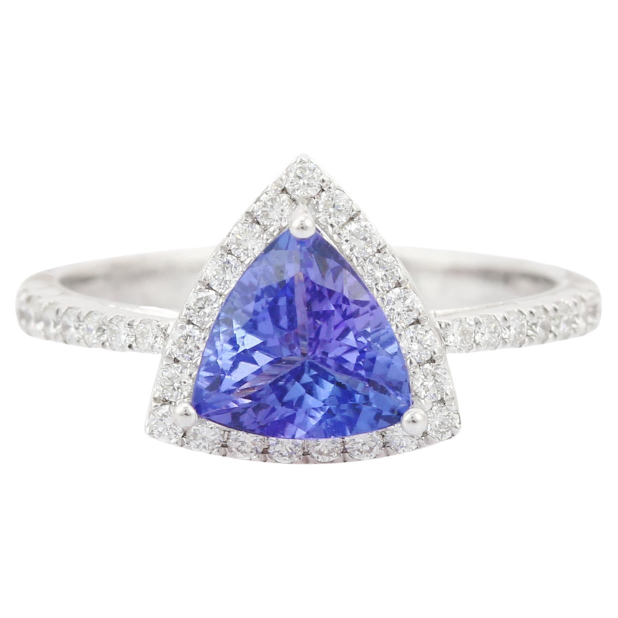 For Sale:  Trillion Shape Tanzanite and Diamond Ring with Diamonds in 18K White Gold
