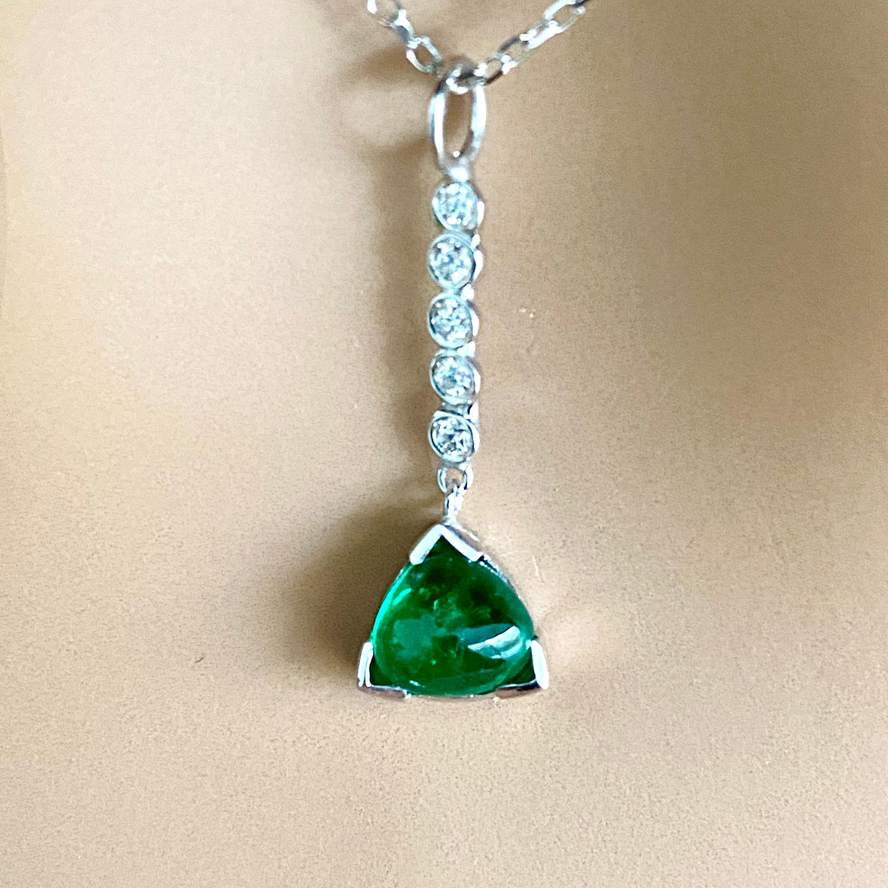 Trillion Cut Trillion Shaped Cabochon Emerald and Diamond Lariat Gold Drop Necklace Pendant