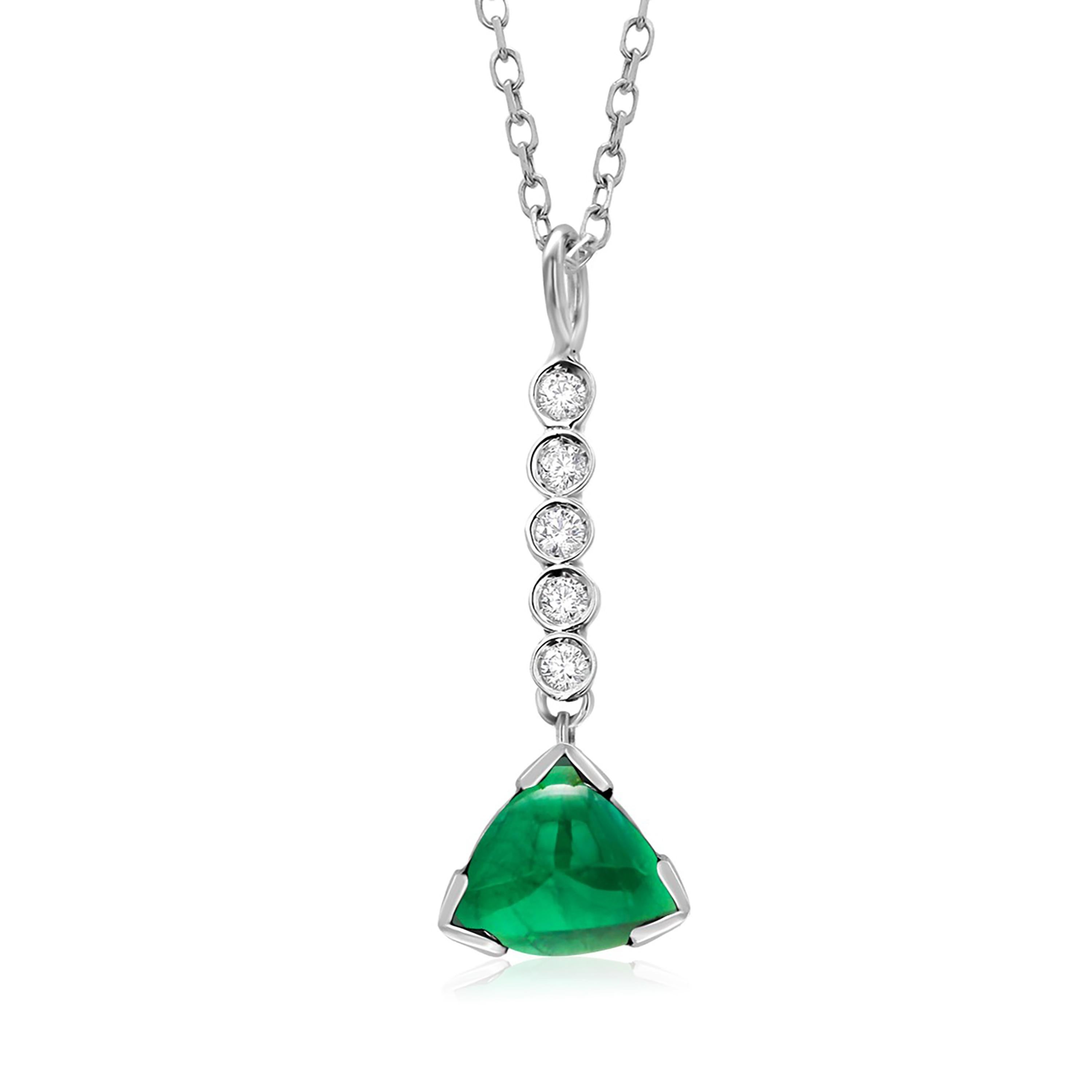 Trillion Shaped Cabochon Emerald and Diamond Lariat Gold Drop Necklace Pendant In New Condition In New York, NY