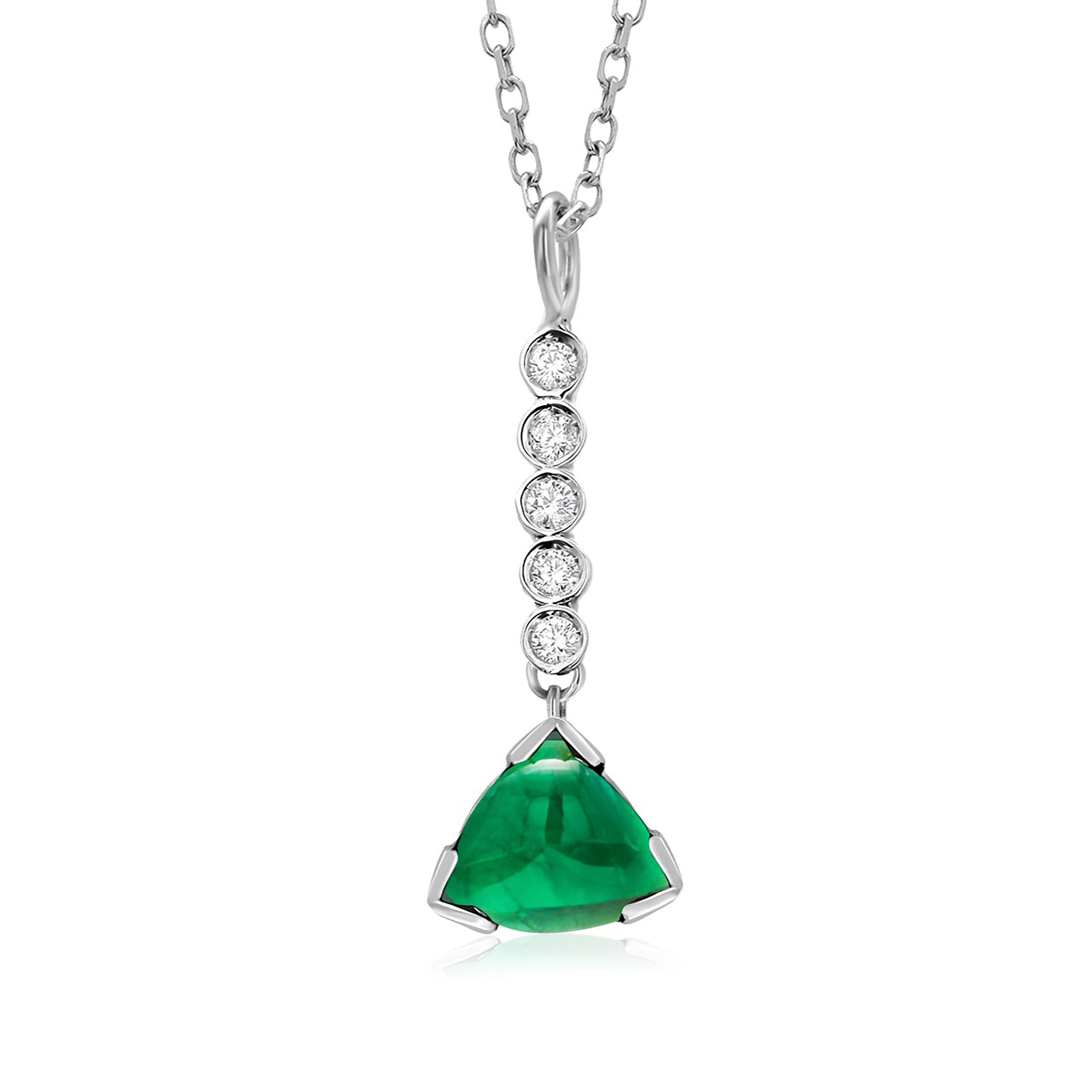 Trillion Shaped Cabochon Emerald and Diamond Lariat Gold Drop Necklace Pendant 1