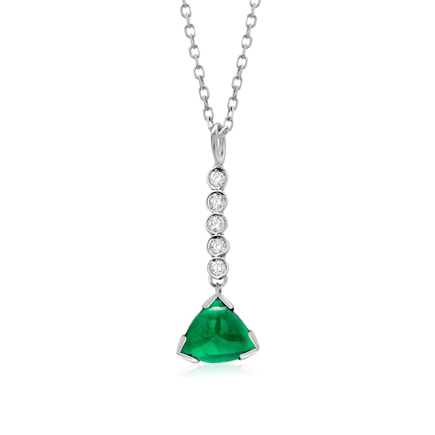 Trillion Shaped Cabochon Emerald and Diamond Lariat Gold Drop Necklace Pendant 3