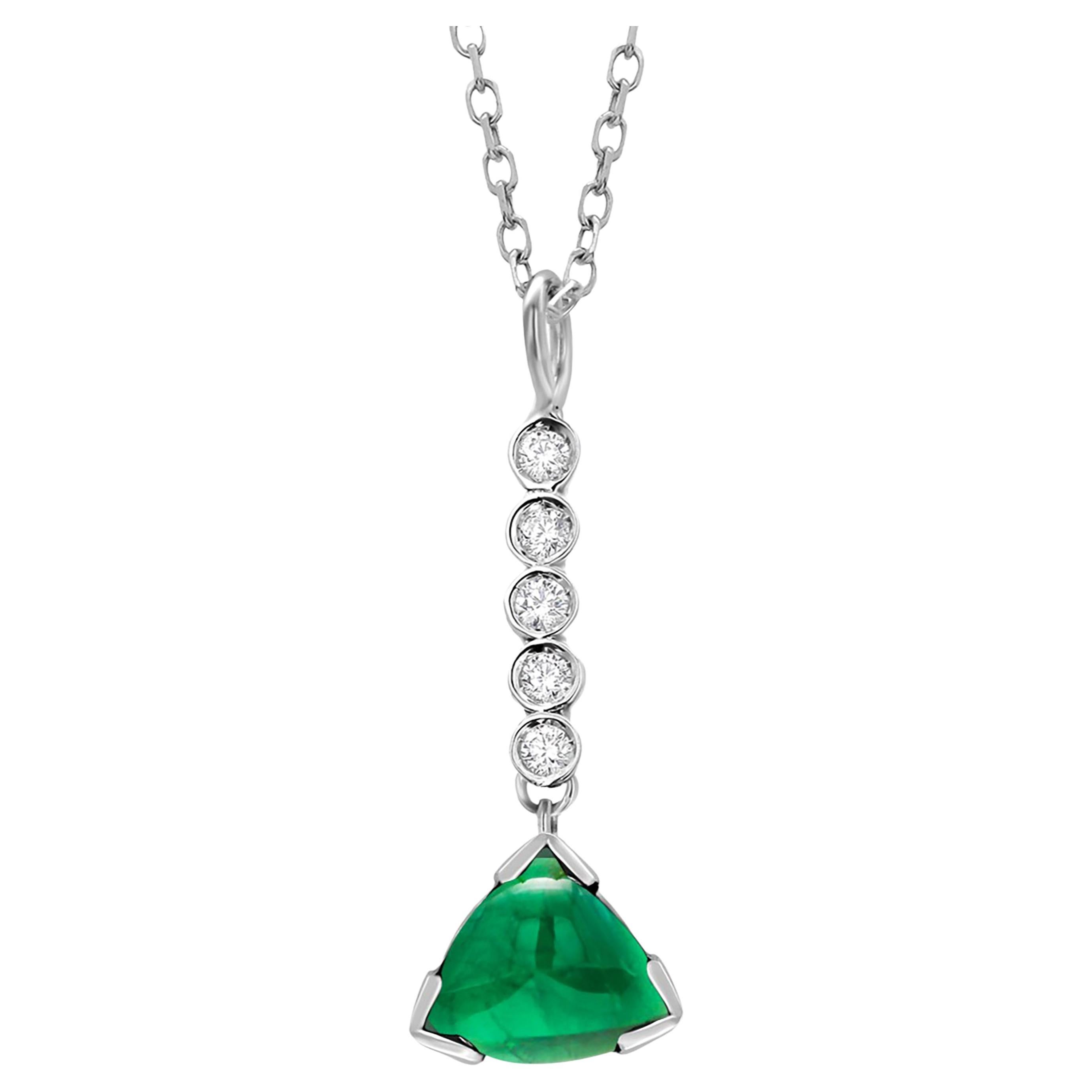 Trillion Shaped Cabochon Emerald and Diamond Lariat Gold Drop Necklace Pendant