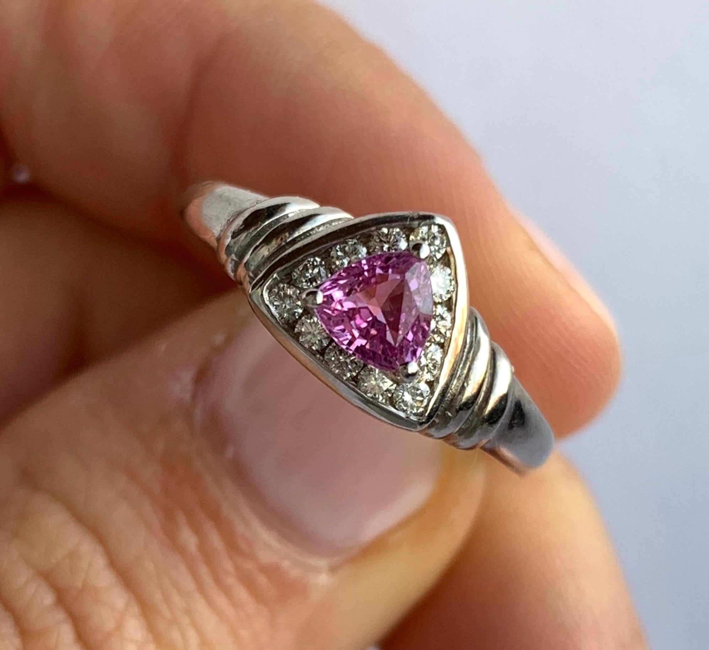 Trillion Cut Trillion Shaped Pink Sapphire and Diamond Ring