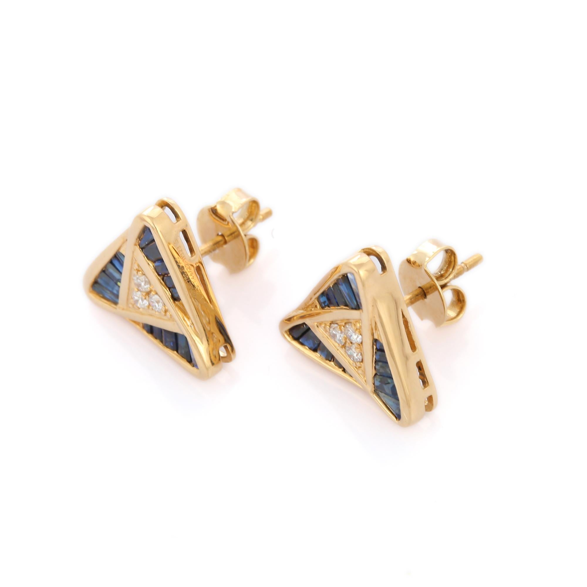 Studs create a subtle beauty while showcasing the colors of the natural precious gemstones and illuminating diamonds making a statement.

Baguette cut blue sapphire studs in 18K gold. Embrace your look with these stunning pair of earrings suitable