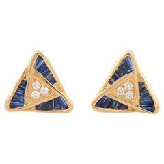 Trillion Shaped Studs with Baguette Cut Blue Sapphire Diamond in 18K Yellow Gold