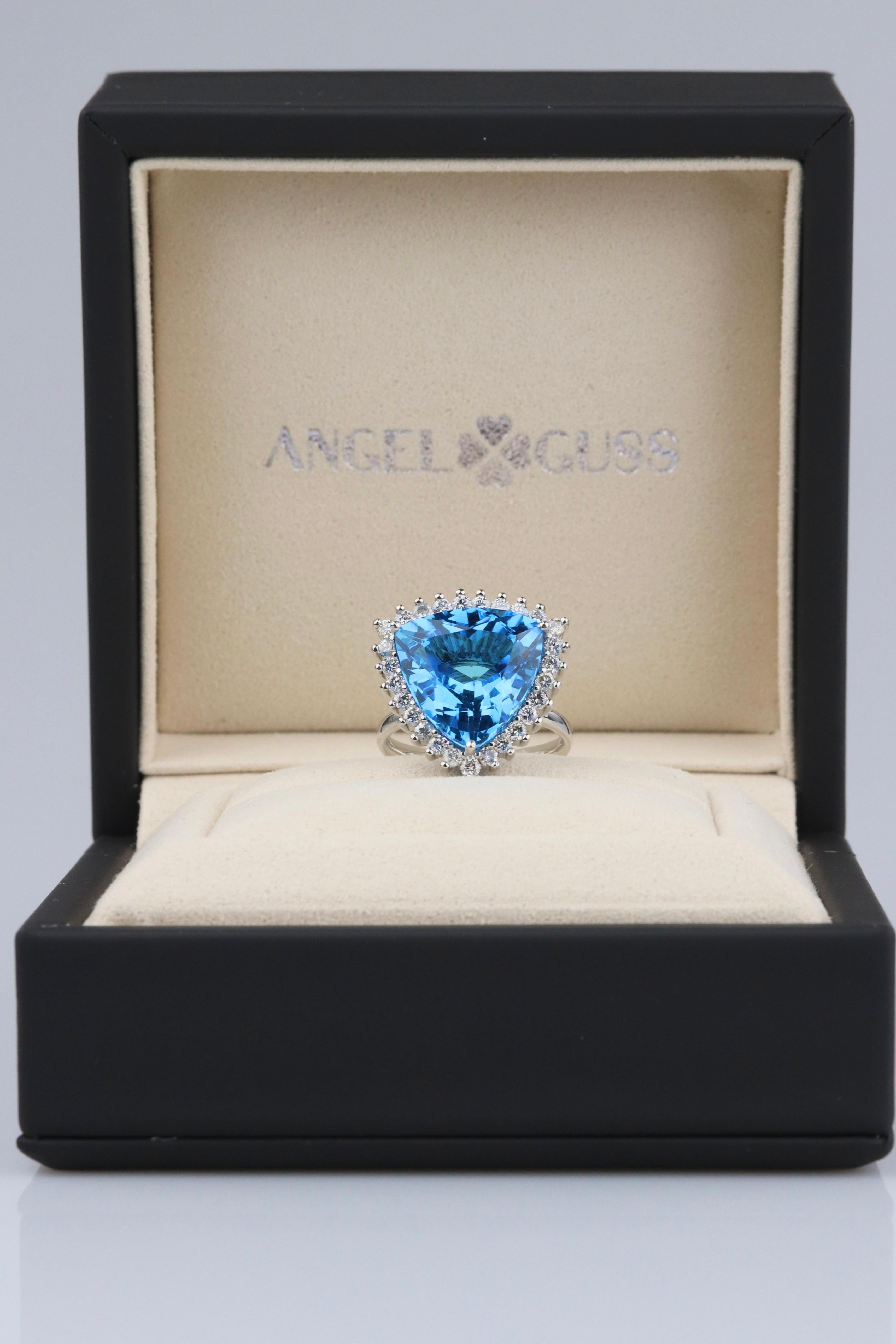 18K Solid White Gold

Ring Size LARGE

Natural Swiss Topaz Gemstone: Trillion shape, Size 15x15mm

Natural Diamonds: 27 diamonds, Round Cut, 2.00 mm

Ring Gross Weight: 11.5g


Embrace sophistication with this cocktail ring, crafted from luxurious
