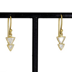 Trillion White Diamond Yellow Gold Double Dagger Dangle Drop Earrings, Kothari