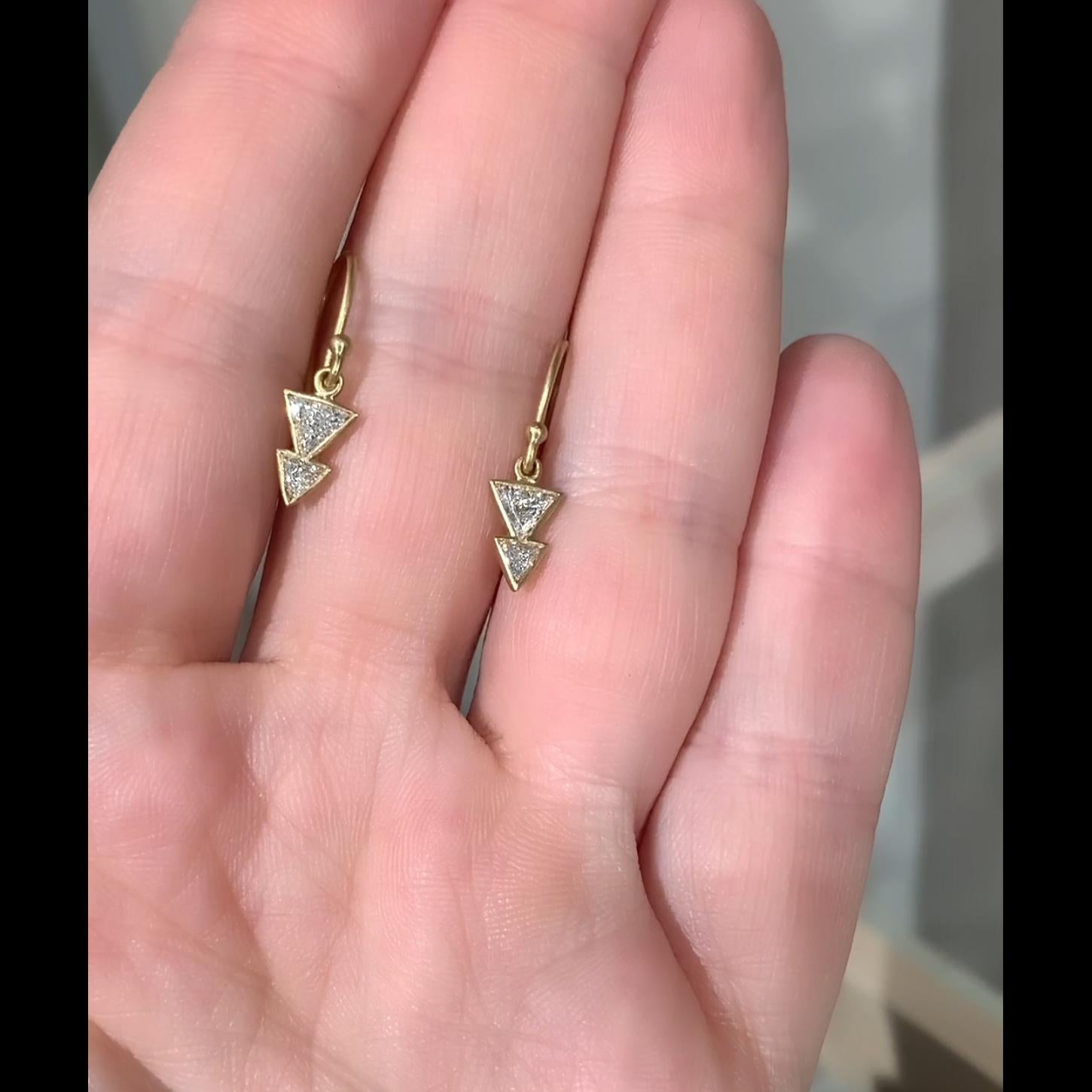 Contemporary Trillion White Diamond Yellow Gold Double Dagger Dangle Drop Earrings, Kothari For Sale