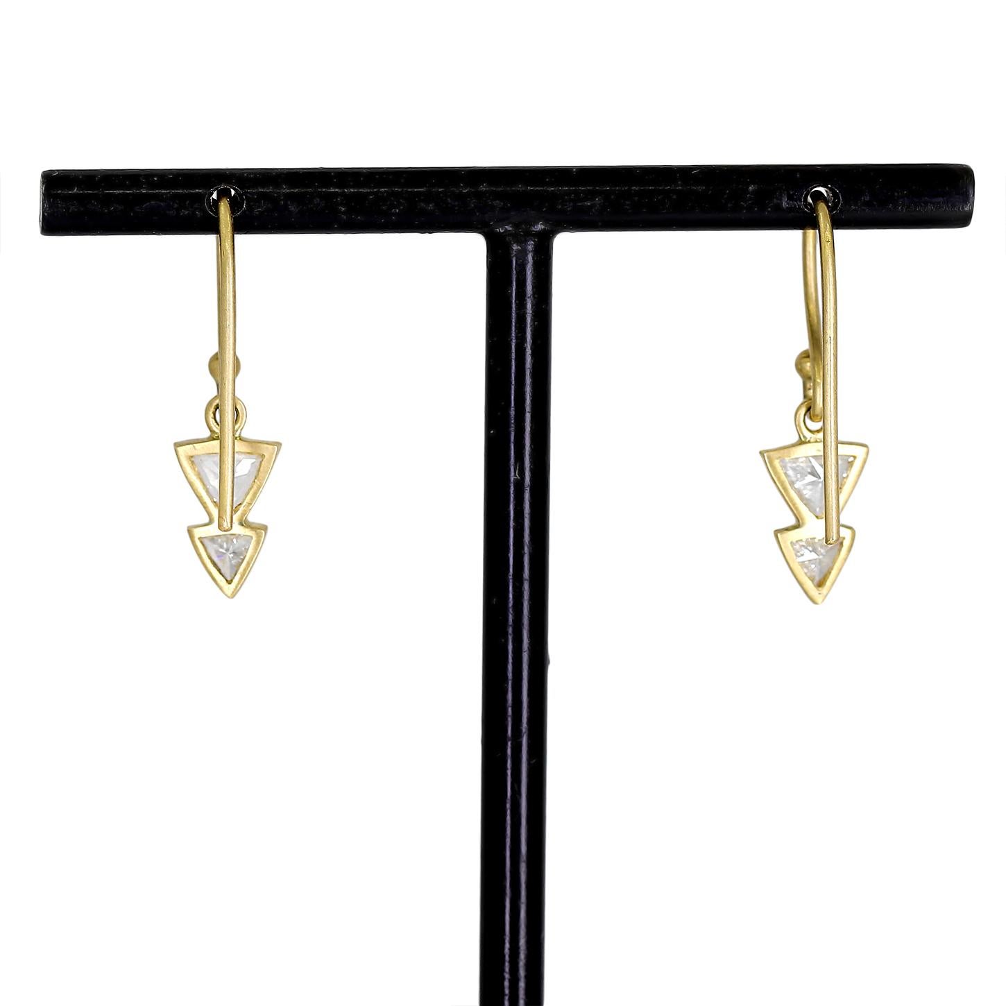 Trillion White Diamond Yellow Gold Double Dagger Dangle Drop Earrings, Kothari In New Condition For Sale In Dallas, TX