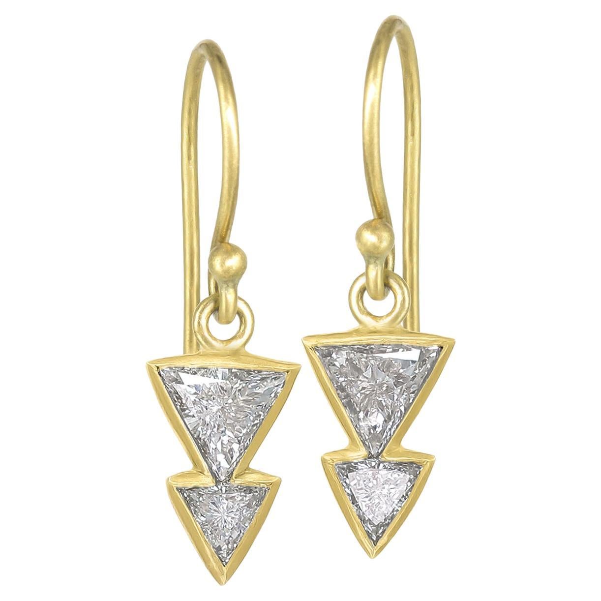 Trillion White Diamond Yellow Gold Double Dagger Dangle Drop Earrings, Kothari For Sale