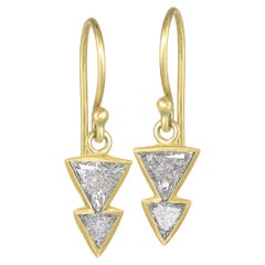 Trillion White Diamond Yellow Gold Double Dagger Dangle Drop Earrings, Kothari