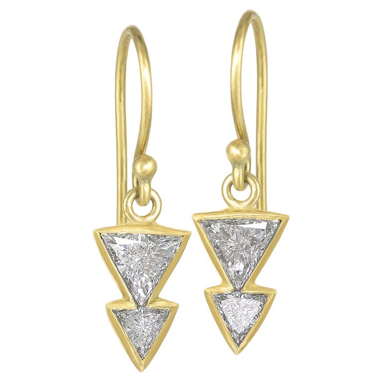 Trillion White Diamond Yellow Gold Double Dagger Dangle Drop Earrings