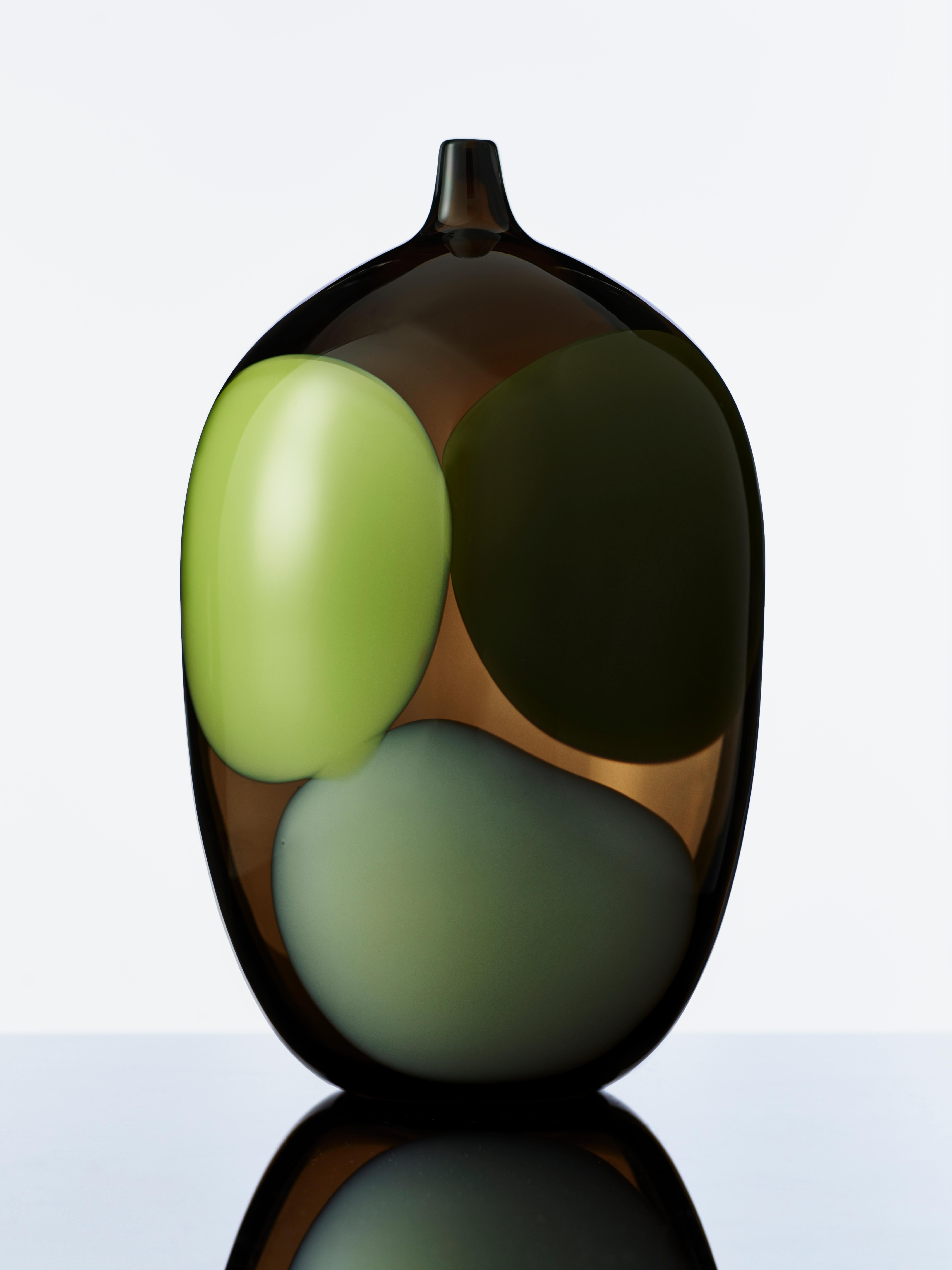 Contemporary Trillium, a Unique Tobacco Brown, Green & Alabaster Glass Vase by Gunnel Sahlin