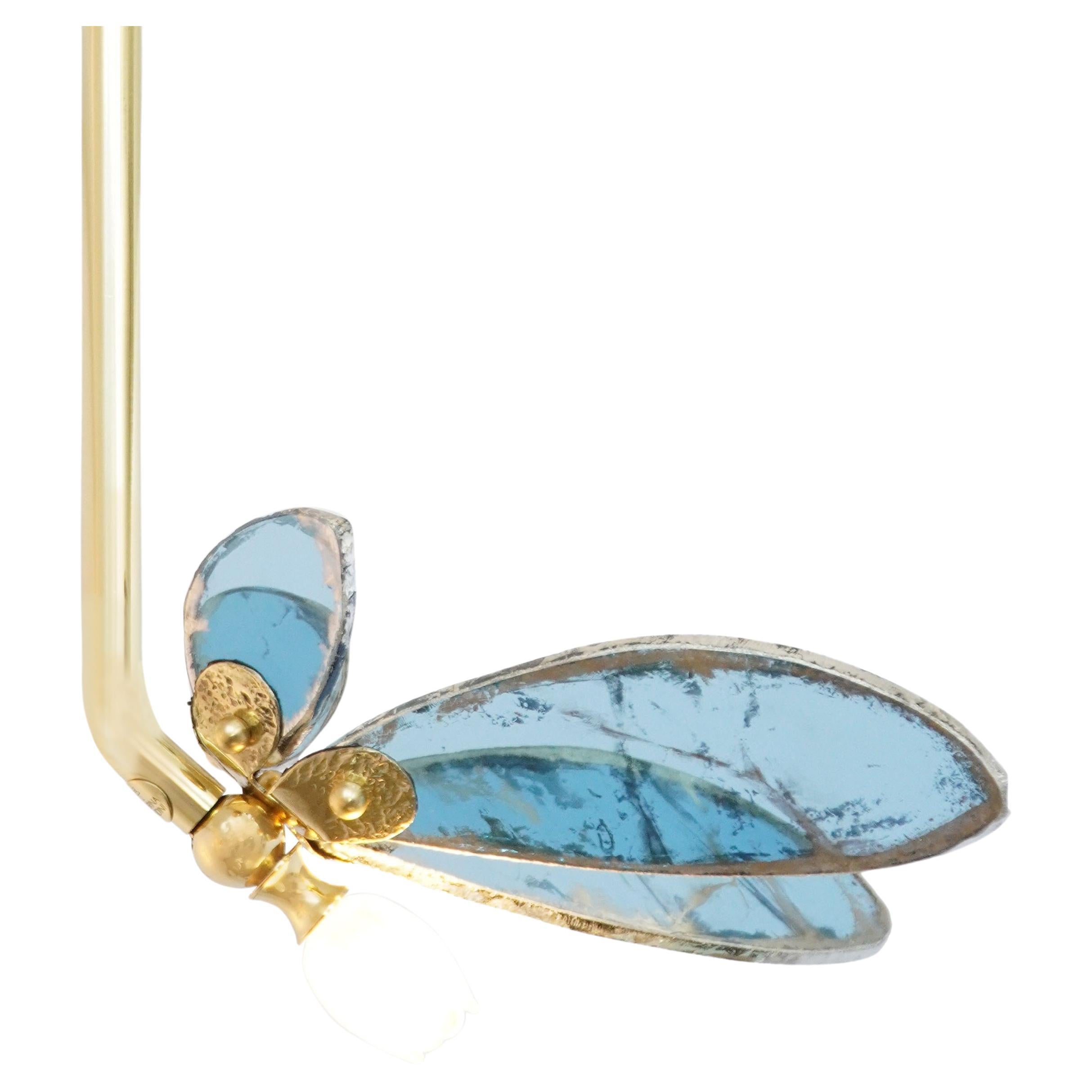 "Trilly" Contemporary Pendant Lamp Light Blue Silvered Art Glass, Brass Body