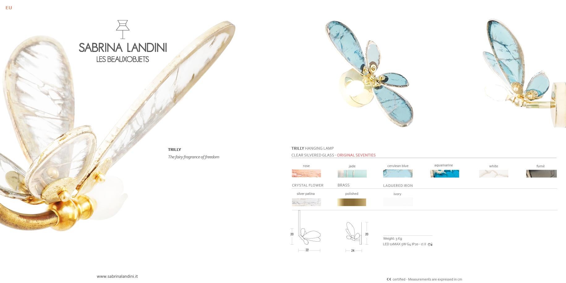 Lampe à suspension « Trilly » en verre argenté bleu clair, corps en laiton en vente 8