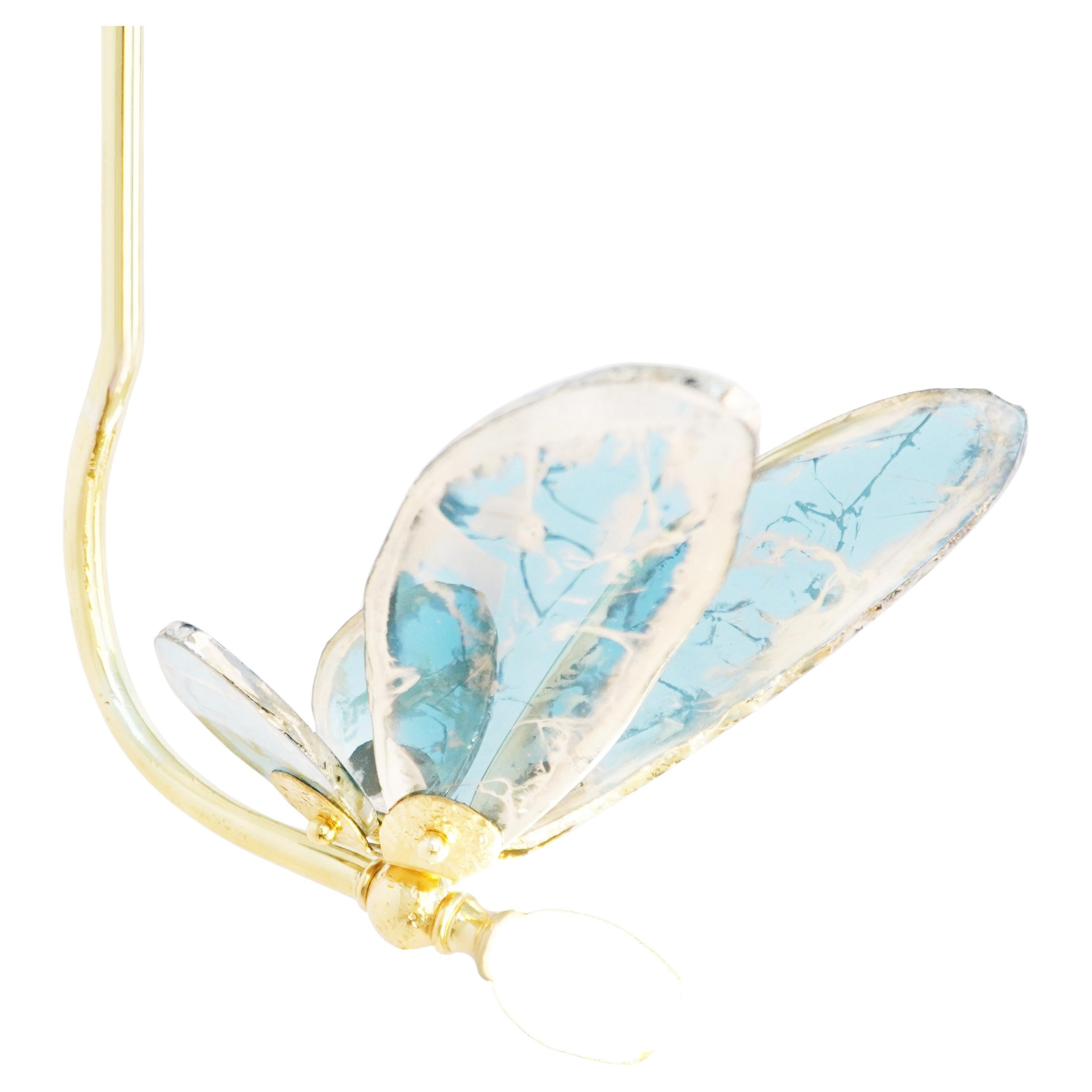 "Trilly" Hanging Lamp Light Blue Silvered Glass, Brass Body  For Sale