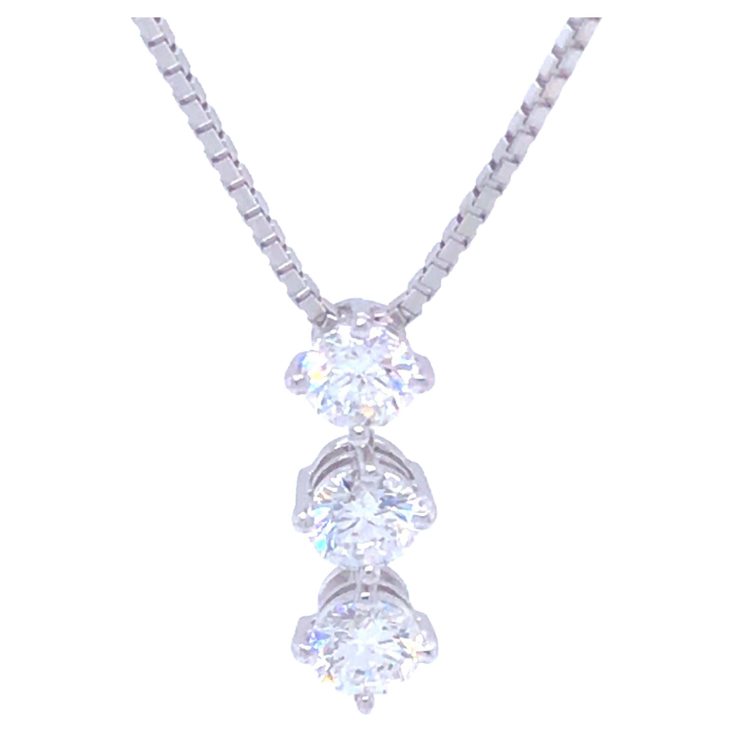 Trilogy 3 Diamond Drop Necklace in Platinum For Sale