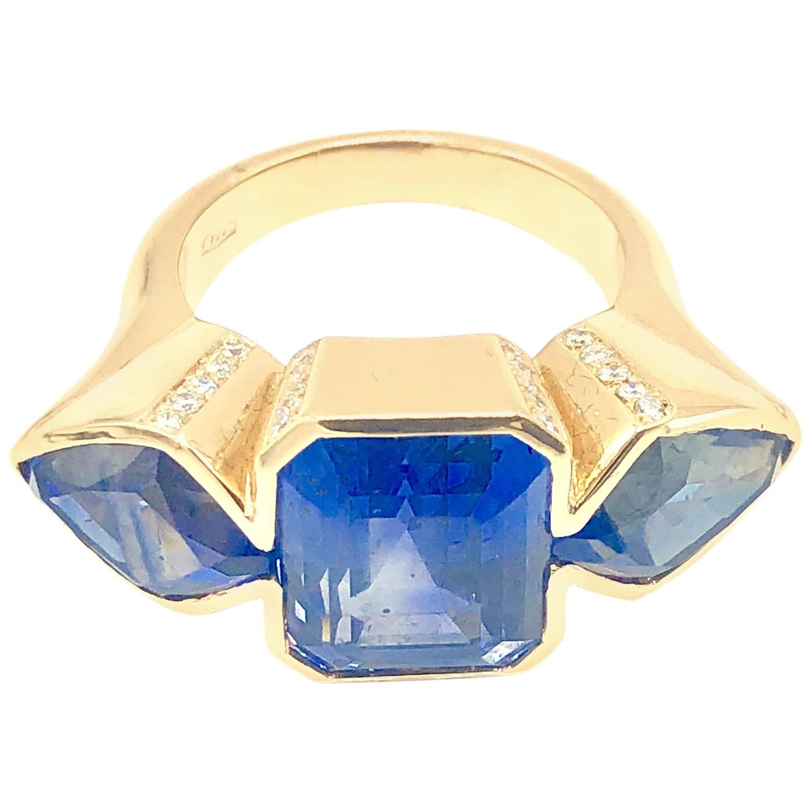 Trilogy Ceylon Sapphire and Diamond Ring For Sale