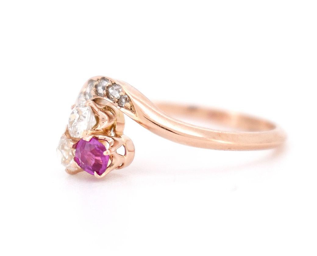 Old Mine Cut Trilogy Clover Belle Époque Ring, 18-Carat Gold, Natural Diamonds & Rubies For Sale