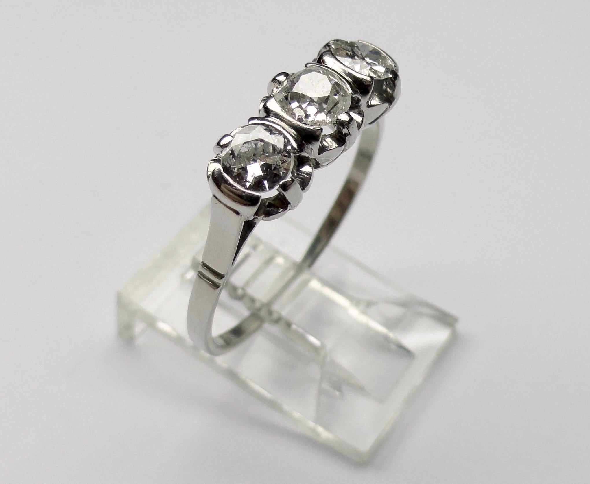 Women's or Men's Trilogy Diamond Ring in Platinum 1940s Cushion Cut For Sale