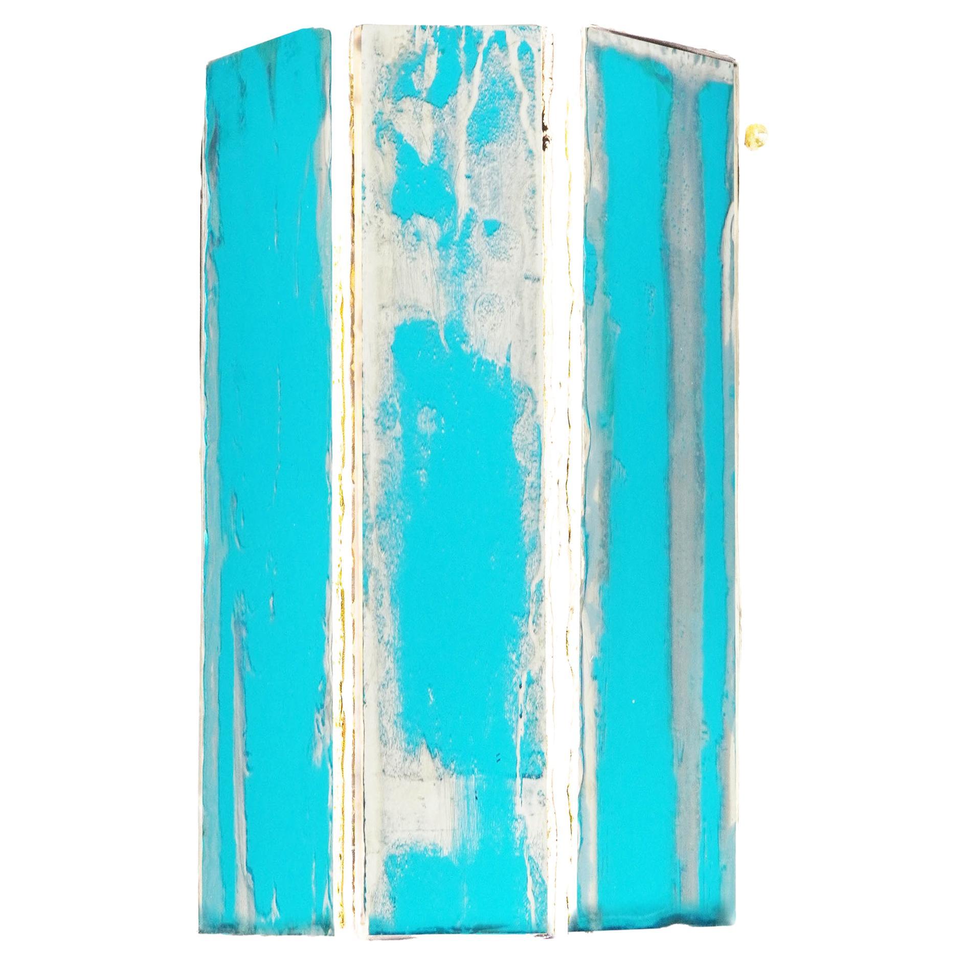 "Trilogy" Mini Contemporary Wall lamp, aquamarine Silvered art Glass For Sale
