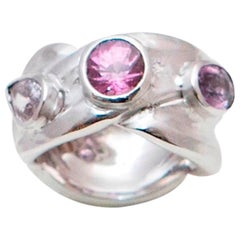 Trilogy Pink Sapphires Brushed 18 Karat White Gold Ring