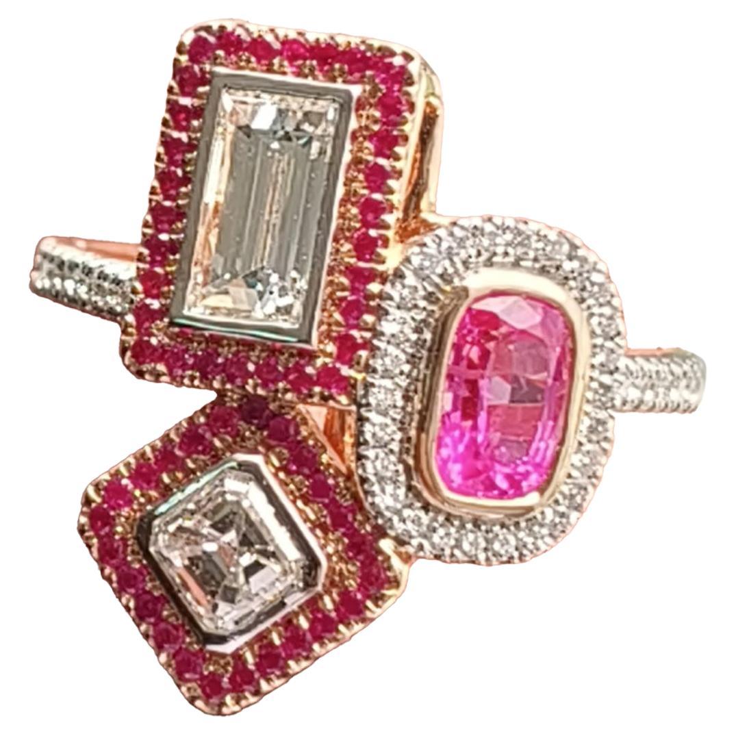Trilogy Ring: Pink Sapphire, Round and Ascher Cut Diamond Ring in 18K Gold For Sale