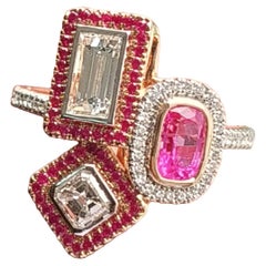 Trilogy Ring: Pink Sapphire, Round and Ascher Cut Diamond Ring in 18K Gold