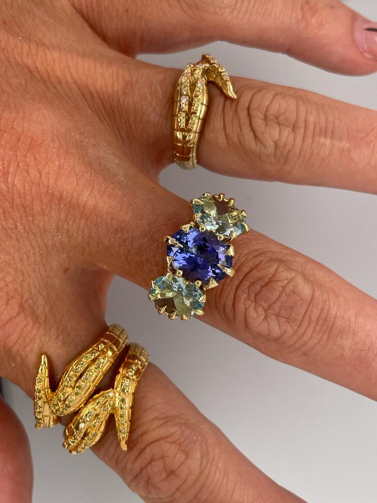 For Sale:  Trilogy Three Stone Blue Tanzanite and Aquamarine Ring in 18ct Yellow Gold 14