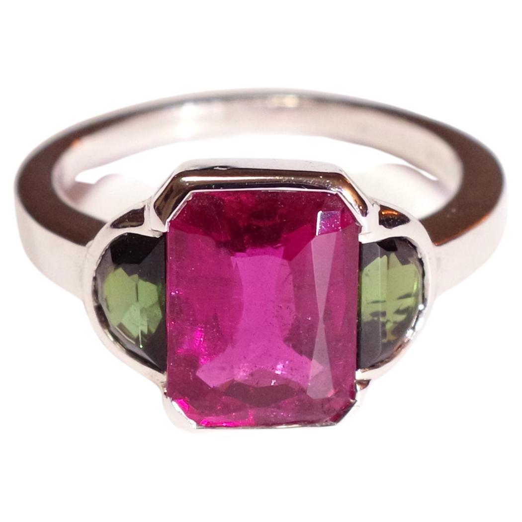 Trilogy Tourmaline Ring in White Gold 18 Karats For Sale