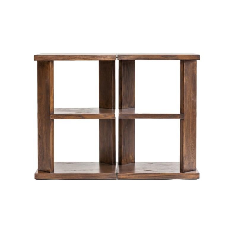 Two-piece side table, connected via hinges to allow for various layouts and shapes for your space. The Trimble table frame is constructed from maple wood applied with oak wood veneer. Four standard finishes available.

Dimensions: 32” W x 12” D x