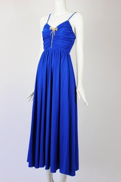 Trina Lewis Marjon Couture Maxi Dress Royal Blue Gold Bow 1970s