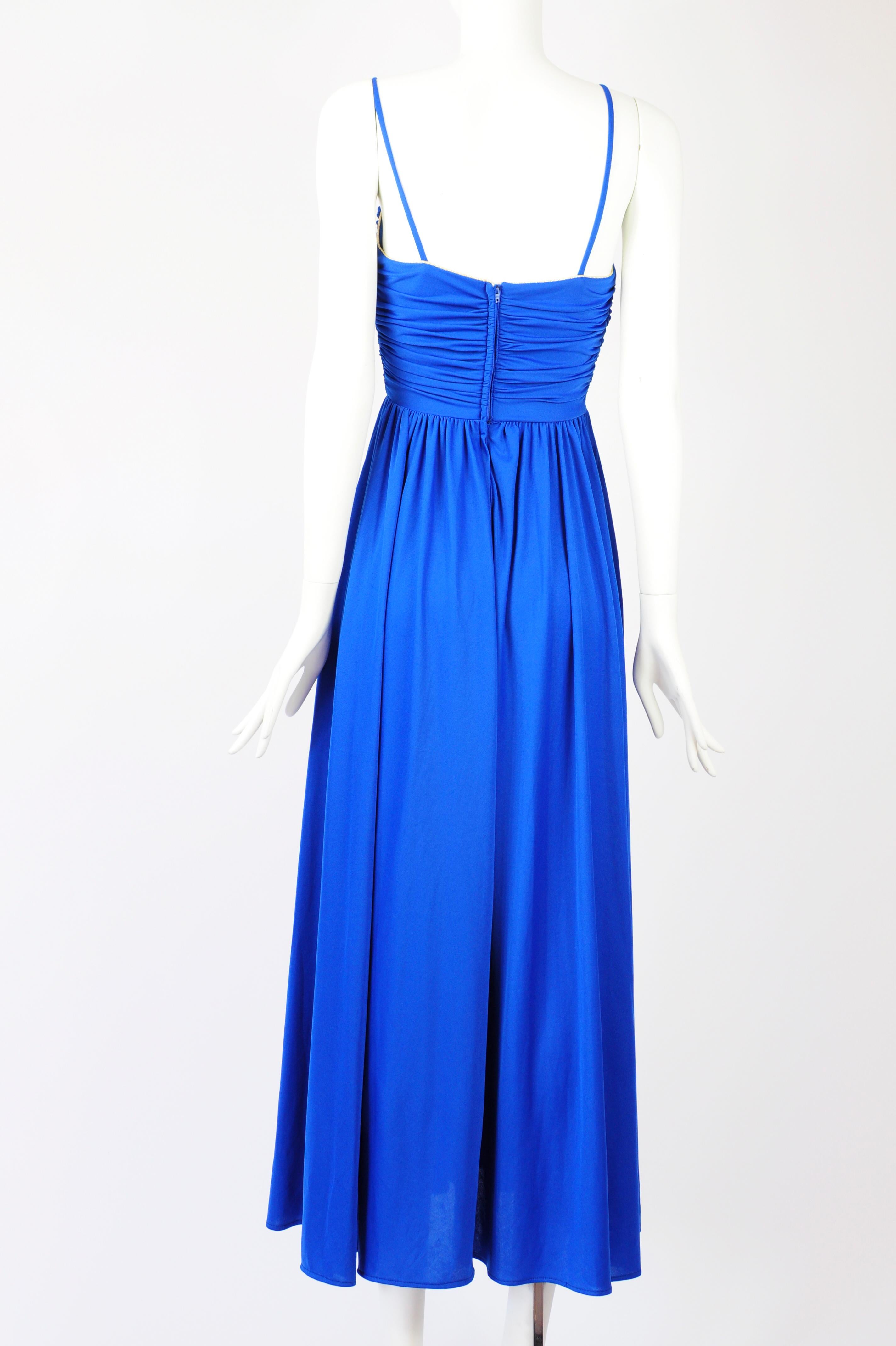 Trina Lewis Marjon Couture Maxi Dress Royal Blue Gold Bow 1970s In Good Condition For Sale In AMSTERDAM, NL