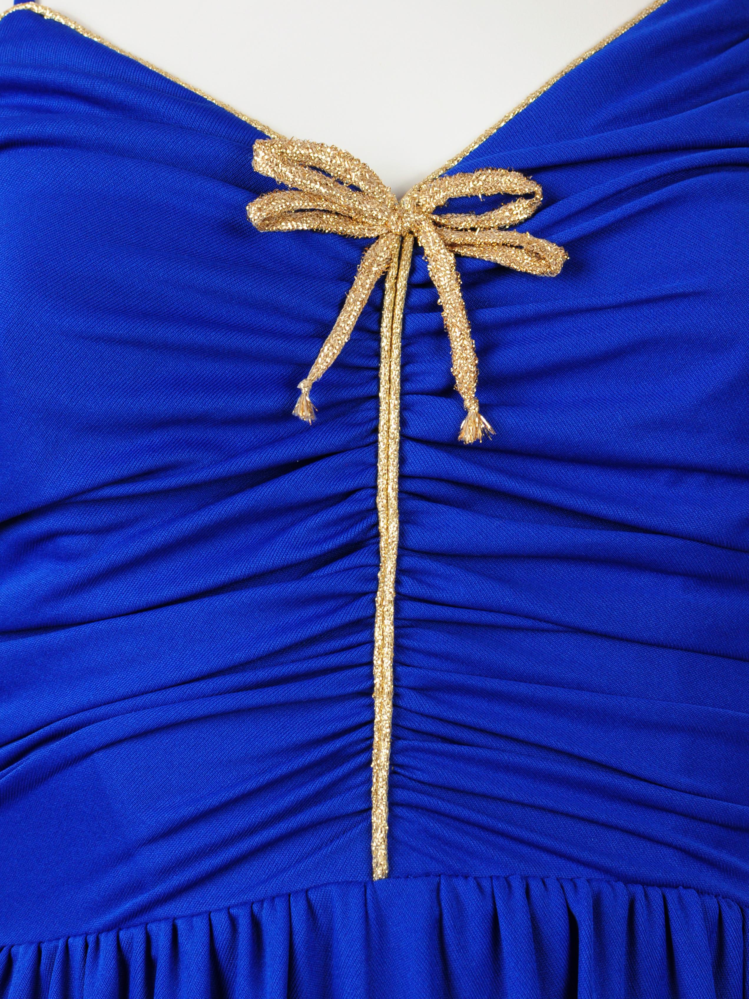 Trina Lewis Marjon Couture Maxi Dress Royal Blue Gold Bow 1970s For Sale 1