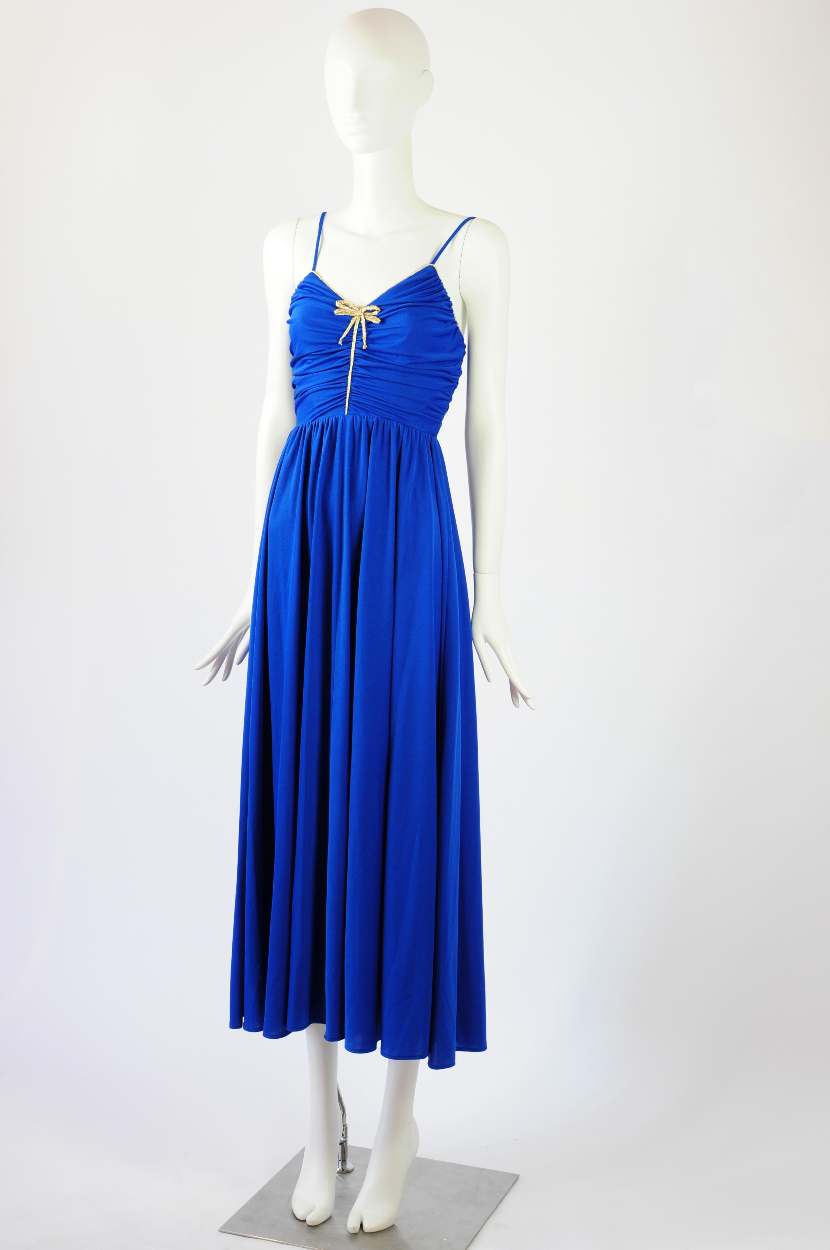 Trina Lewis Marjon Couture Maxi Dress Royal Blue Gold Bow 1970s For Sale 2